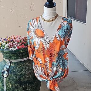Floral v neck pullover top size XL with self tie front